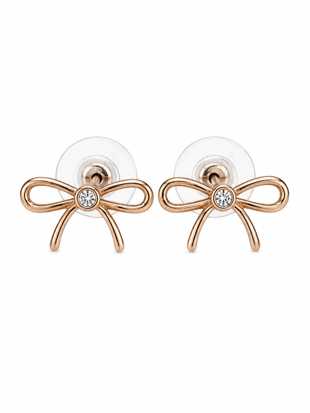 Rose Gold Bow Stud Earrings with Crystal Accent Dainty Feminine